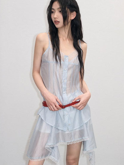 lvetong Ensemble deux pièces chic pour jeune femme : débardeur bleu à col V avec boutons et jupe.