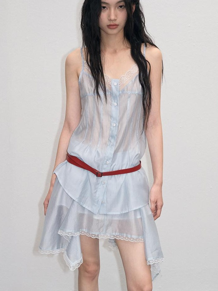 lvetong Ensemble deux pièces chic pour jeune femme : débardeur bleu à col V avec boutons et jupe.