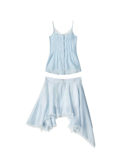 lvetong Ensemble deux pièces chic pour jeune femme : débardeur bleu à col V avec boutons et jupe.