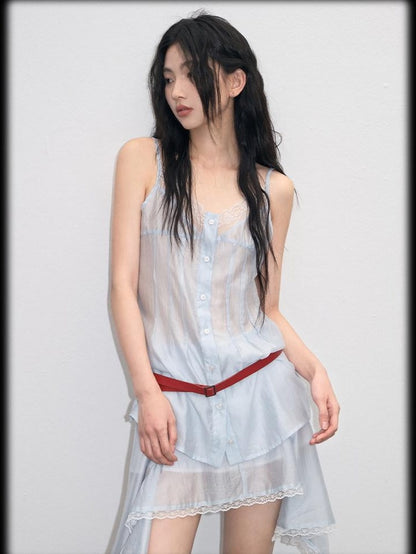 lvetong Ensemble deux pièces chic pour jeune femme : débardeur bleu à col V avec boutons et jupe.