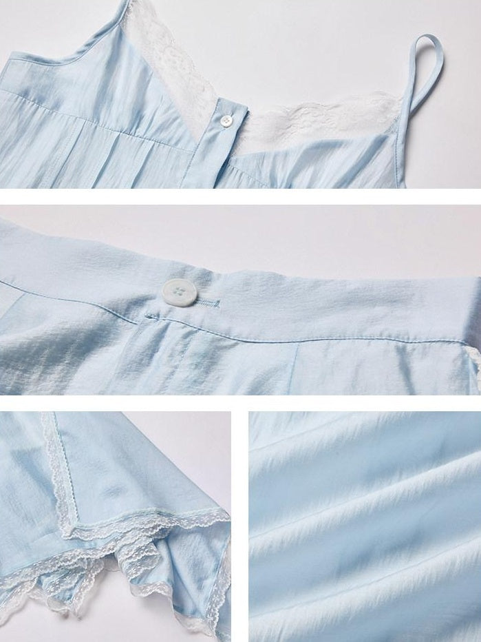 lvetong Ensemble deux pièces chic pour jeune femme : débardeur bleu à col V avec boutons et jupe.