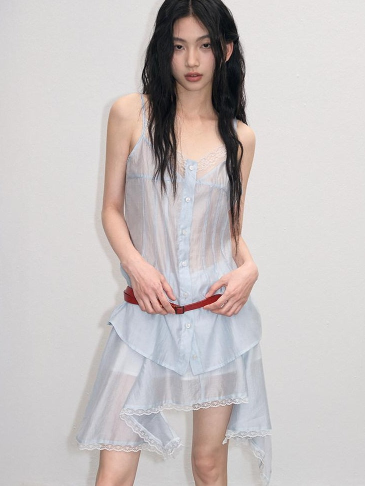 lvetong Ensemble deux pièces chic pour jeune femme : débardeur bleu à col V avec boutons et jupe.