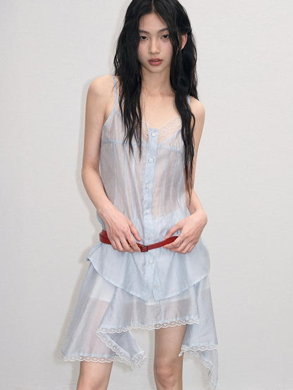lvetong Ensemble deux pièces chic pour jeune femme : débardeur bleu à col V avec boutons et jupe.