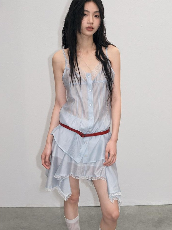 lvetong Ensemble deux pièces chic pour jeune femme : débardeur bleu à col V avec boutons et jupe.