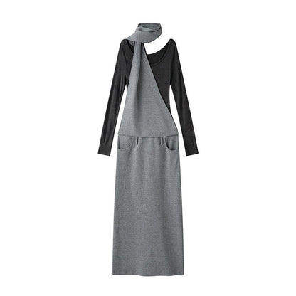 lvetong Cinched Waist Halter Neck Faux Layered Wasteland Long Sleeve Casual Maxi Dresses