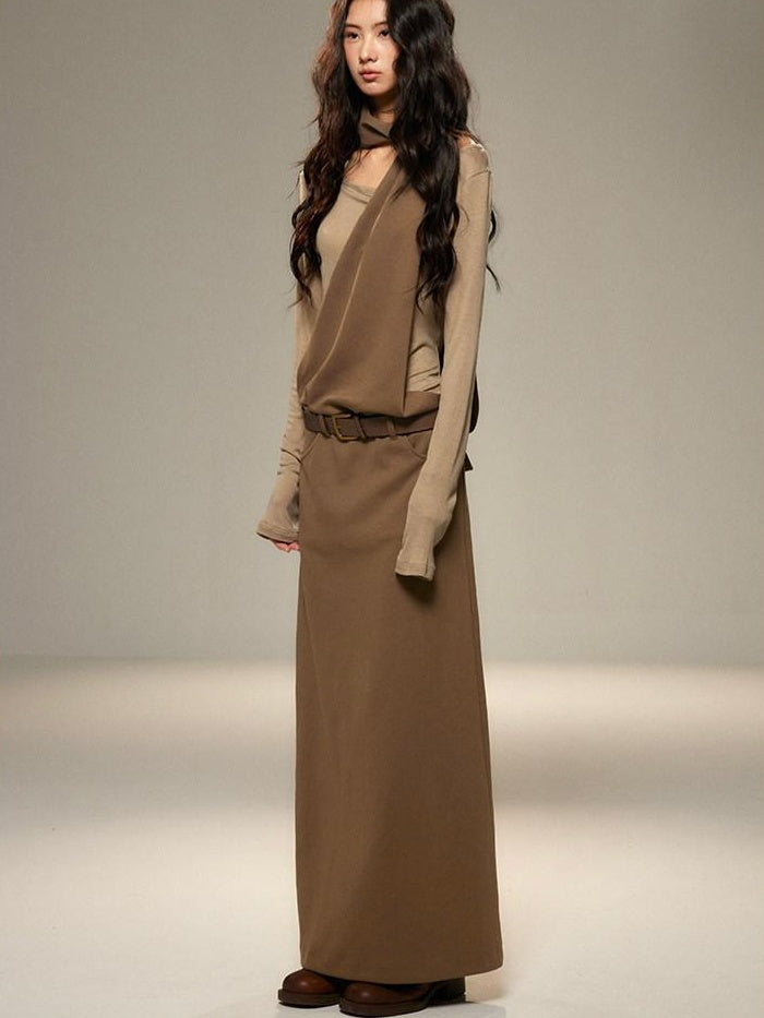 lvetong Cinched Waist Halter Neck Faux Layered Wasteland Long Sleeve Casual Maxi Dresses