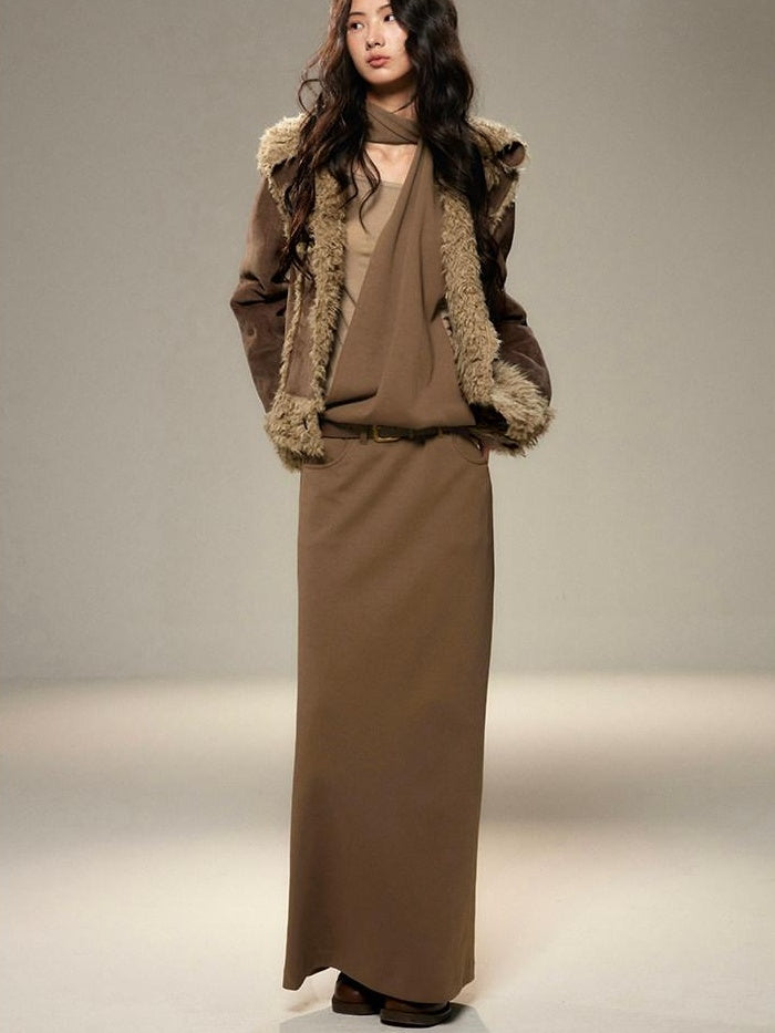 lvetong Cinched Waist Halter Neck Faux Layered Wasteland Long Sleeve Casual Maxi Dresses