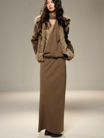 lvetong Cinched Waist Halter Neck Faux Layered Wasteland Long Sleeve Casual Maxi Dresses