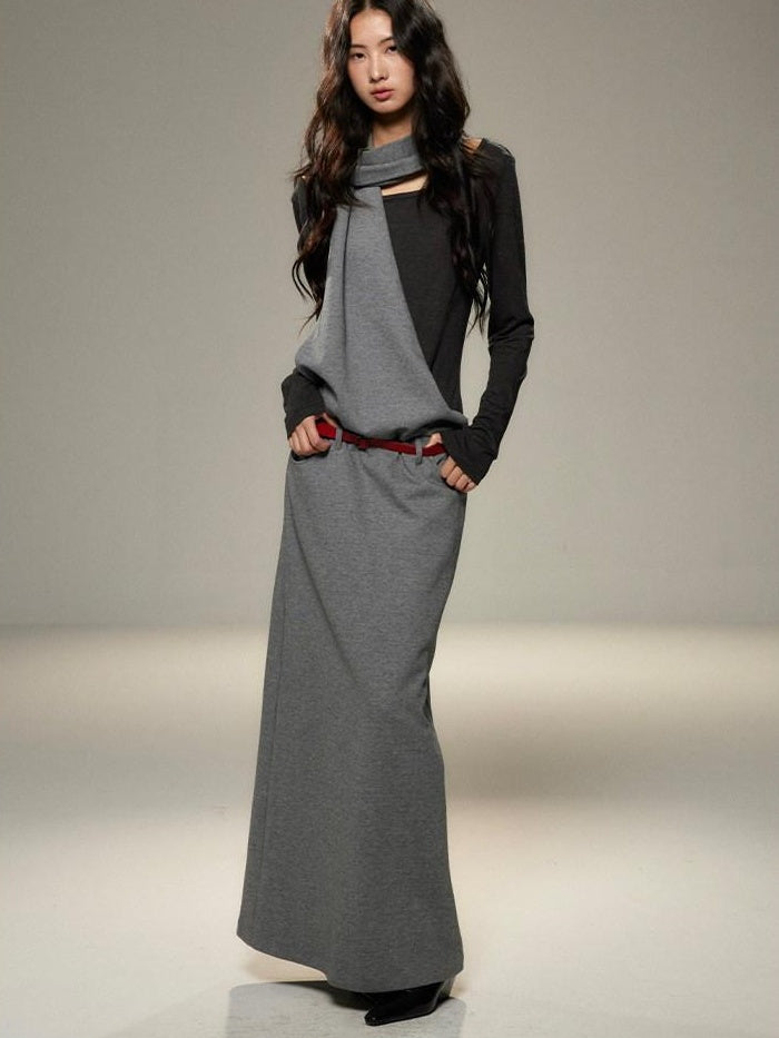 lvetong Cinched Waist Halter Neck Faux Layered Wasteland Long Sleeve Casual Maxi Dresses