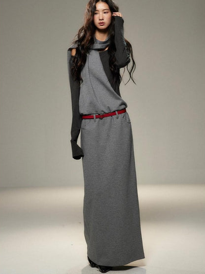lvetong Cinched Waist Halter Neck Faux Layered Wasteland Long Sleeve Casual Maxi Dresses