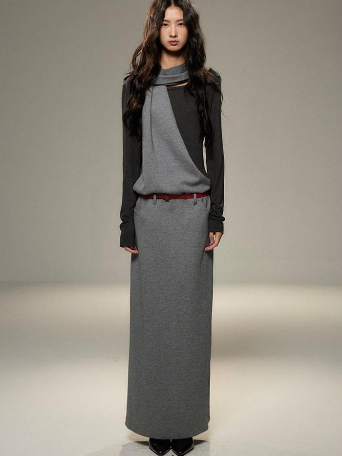 lvetong Cinched Waist Halter Neck Faux Layered Wasteland Long Sleeve Casual Maxi Dresses