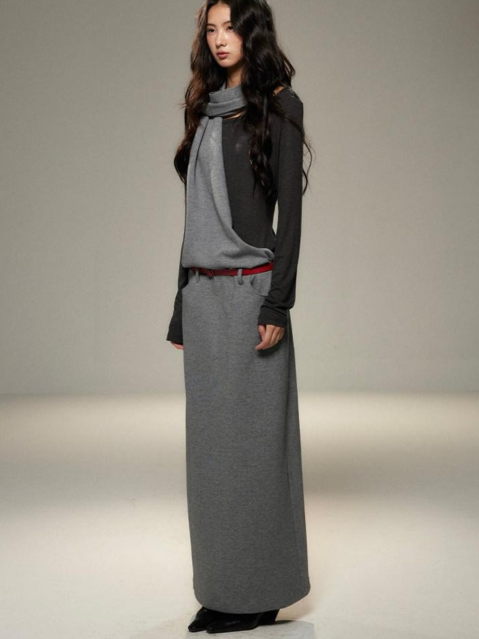 lvetong Cinched Waist Halter Neck Faux Layered Wasteland Long Sleeve Casual Maxi Dresses