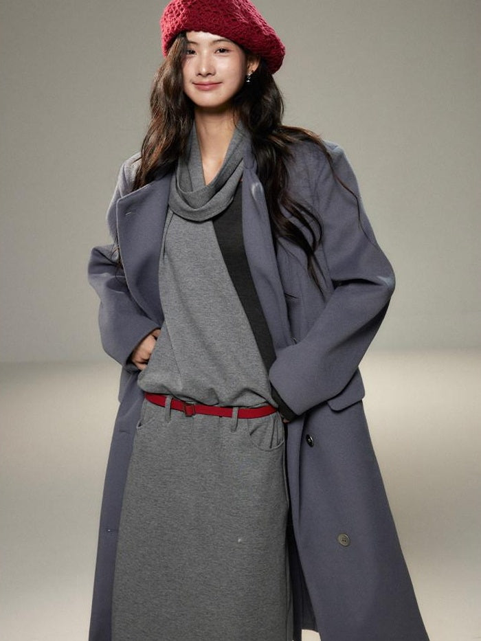 lvetong Cinched Waist Halter Neck Faux Layered Wasteland Long Sleeve Casual Maxi Dresses