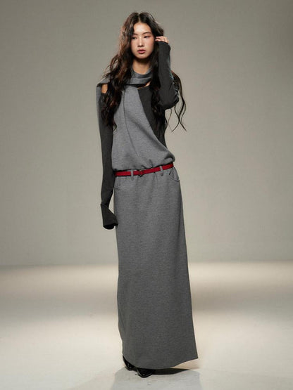 lvetong Cinched Waist Halter Neck Faux Layered Wasteland Long Sleeve Casual Maxi Dresses