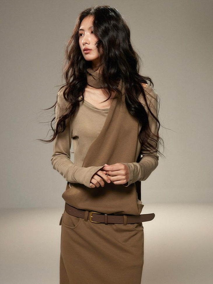 lvetong Cinched Waist Halter Neck Faux Layered Wasteland Long Sleeve Casual Maxi Dresses