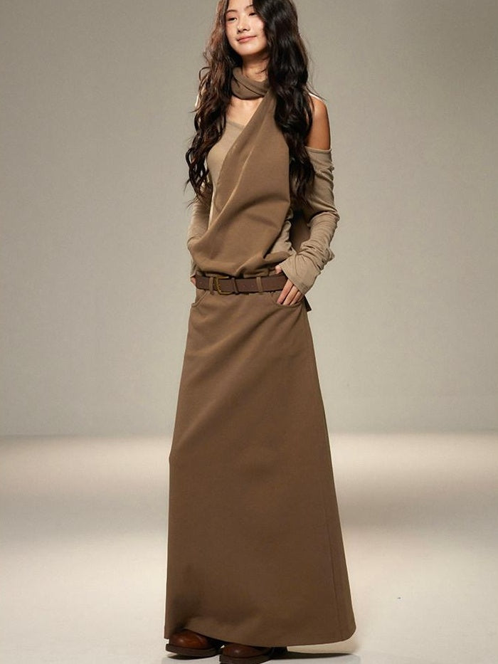 lvetong Cinched Waist Halter Neck Faux Layered Wasteland Long Sleeve Casual Maxi Dresses