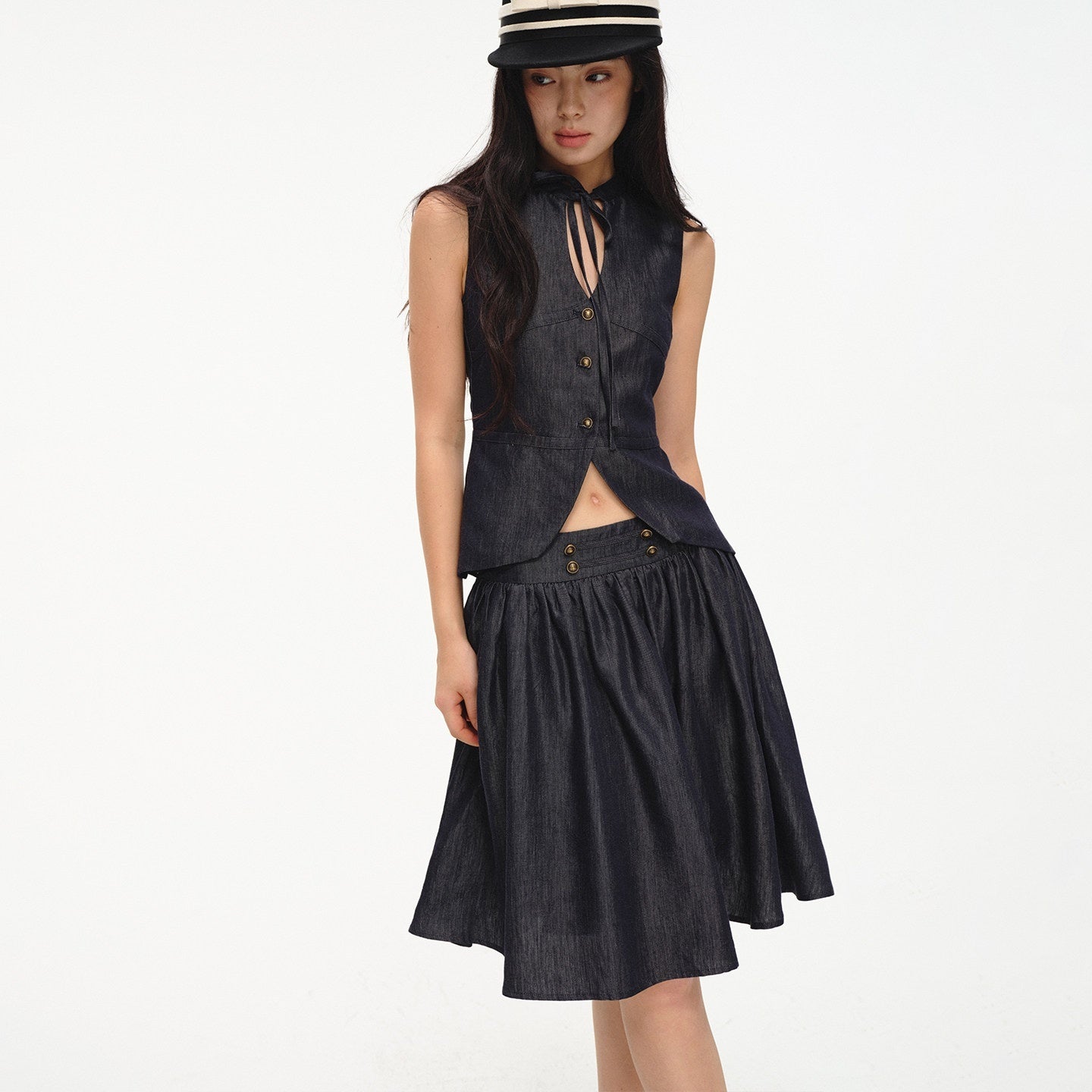 lvetong_Cinched_Waist_V-neck_Sleeveless_Vest_Puff_Skirt_Women&
