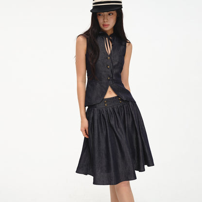lvetong_Cinched_Waist_V-neck_Sleeveless_Vest_Puff_Skirt_Women&