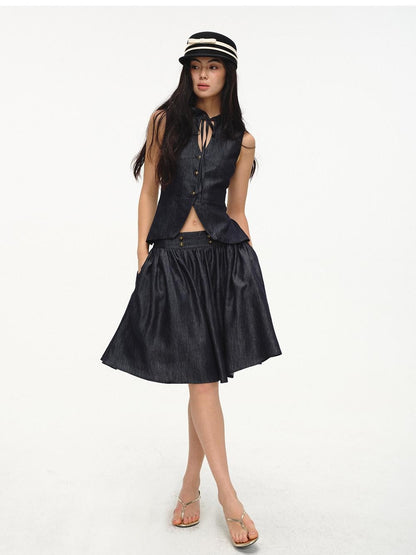 lvetong Cinched Waist V-neck Sleeveless Vest Puff Skirt Women&
