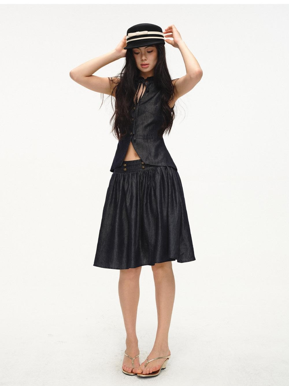 lvetong Cinched Waist V-neck Sleeveless Vest Puff Skirt Women&