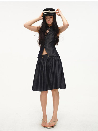 lvetong Cinched Waist V-neck Sleeveless Vest Puff Skirt Women&