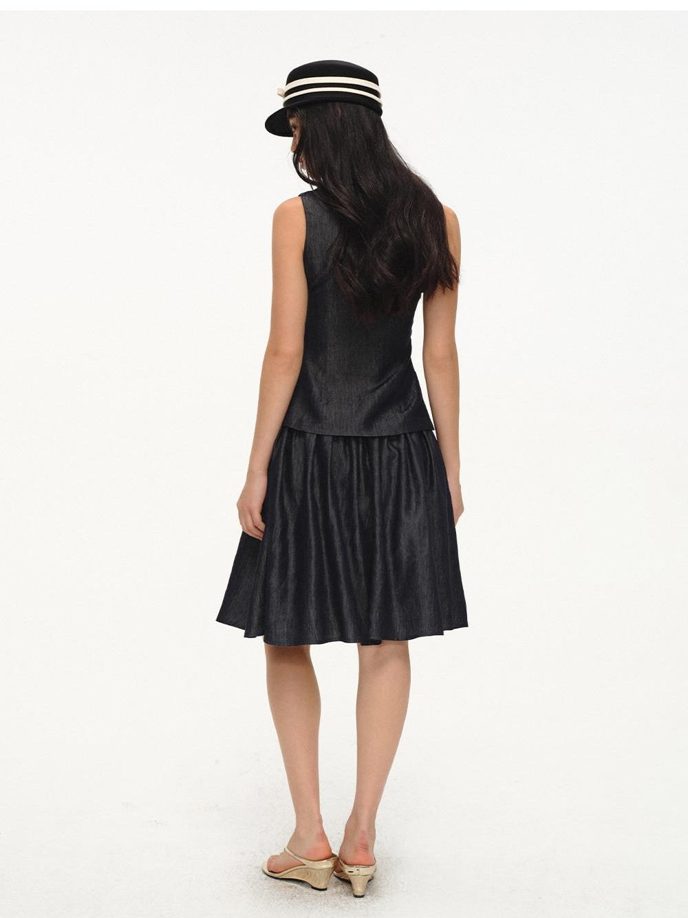 lvetong Cinched Waist V-neck Sleeveless Vest Puff Skirt Women&