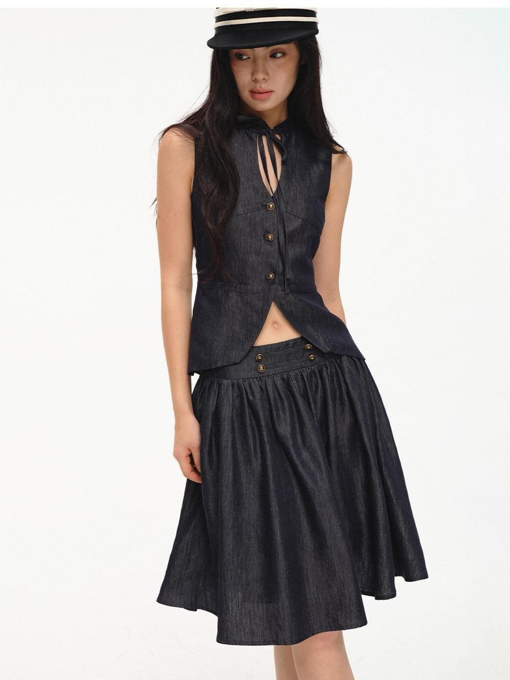 lvetong Cinched Waist V-neck Sleeveless Vest Puff Skirt Women&