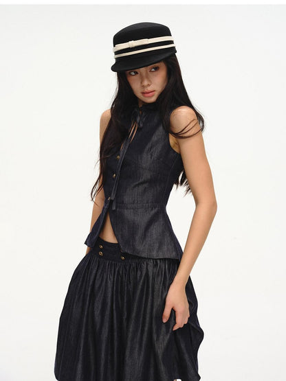 lvetong Cinched Waist V-neck Sleeveless Vest Puff Skirt Women&