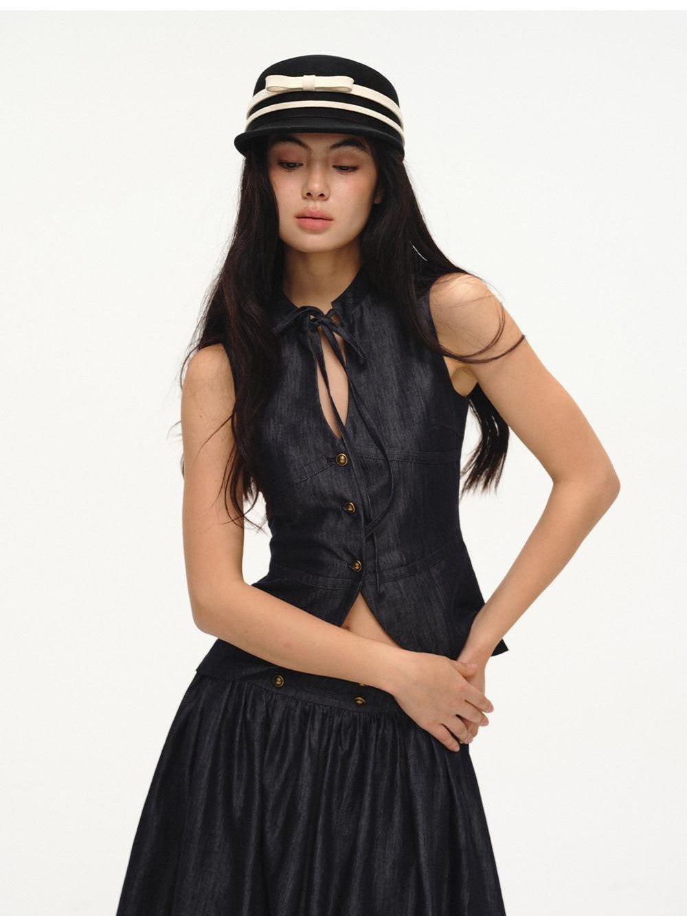 lvetong Cinched Waist V-neck Sleeveless Vest Puff Skirt Women&