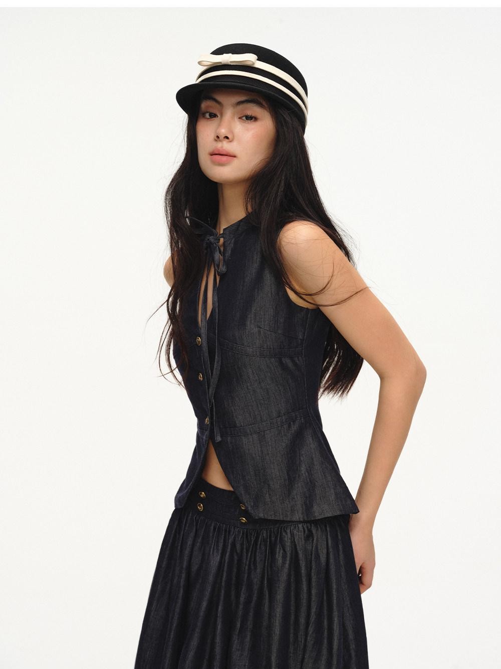 lvetong Cinched Waist V-neck Sleeveless Vest Puff Skirt Women&
