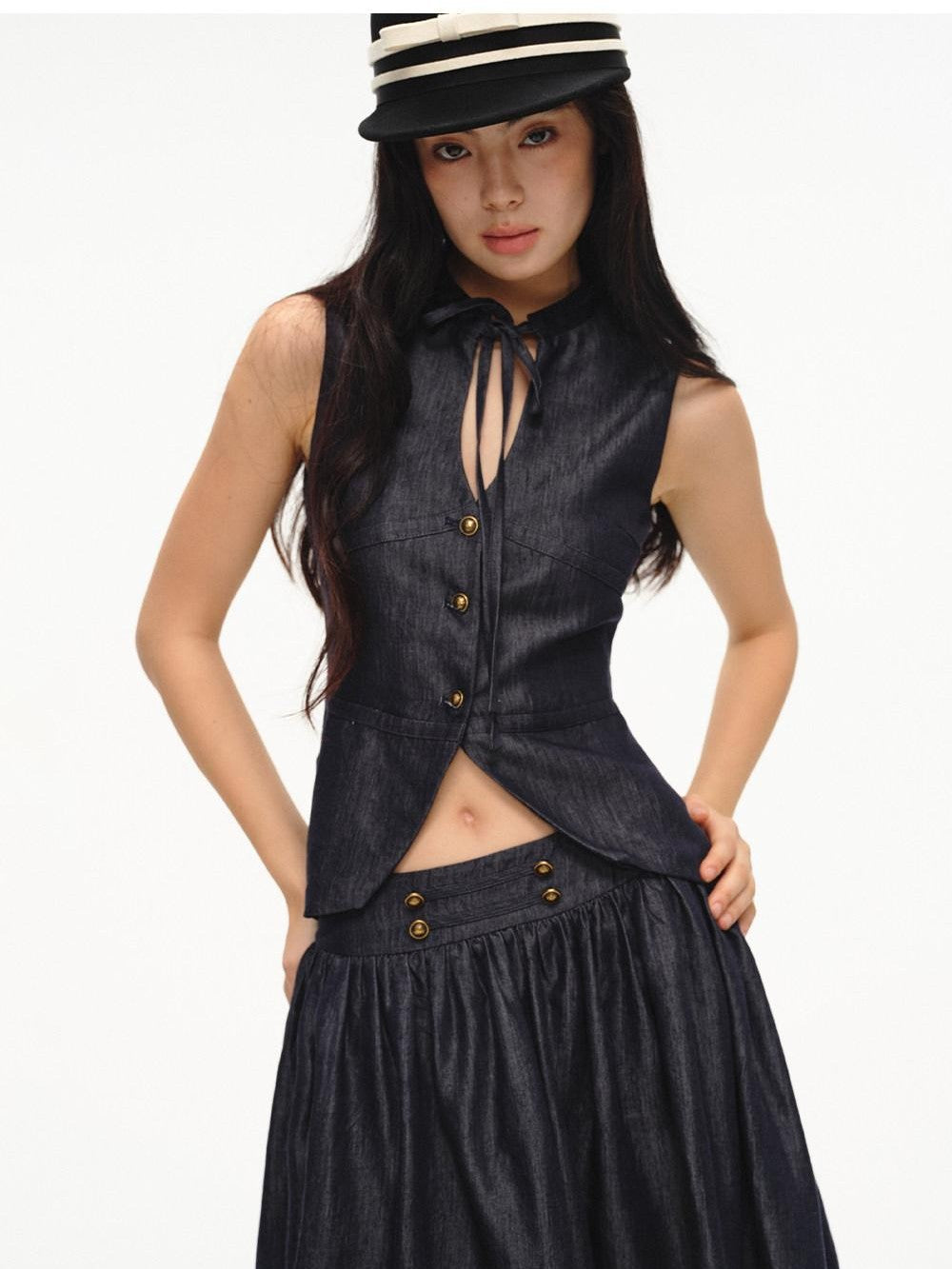 lvetong Cinched Waist V-neck Sleeveless Vest Puff Skirt Women&