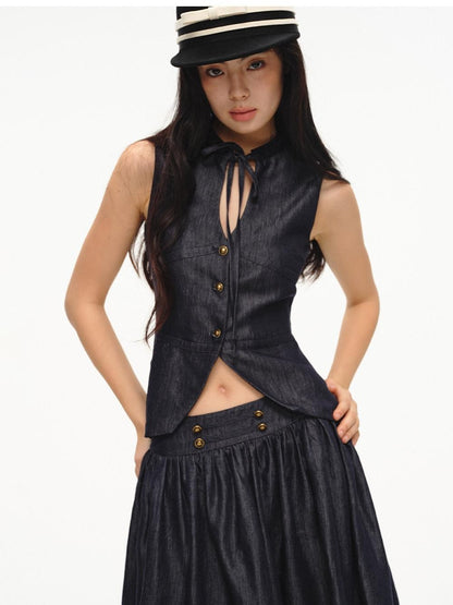 lvetong Cinched Waist V-neck Sleeveless Vest Puff Skirt Women&