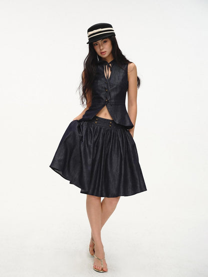 lvetong Cinched Waist V-neck Sleeveless Vest Puff Skirt Women&