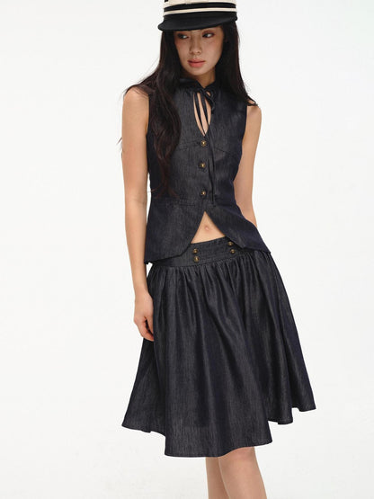 lvetong Cinched Waist V-neck Sleeveless Vest Puff Skirt Women&