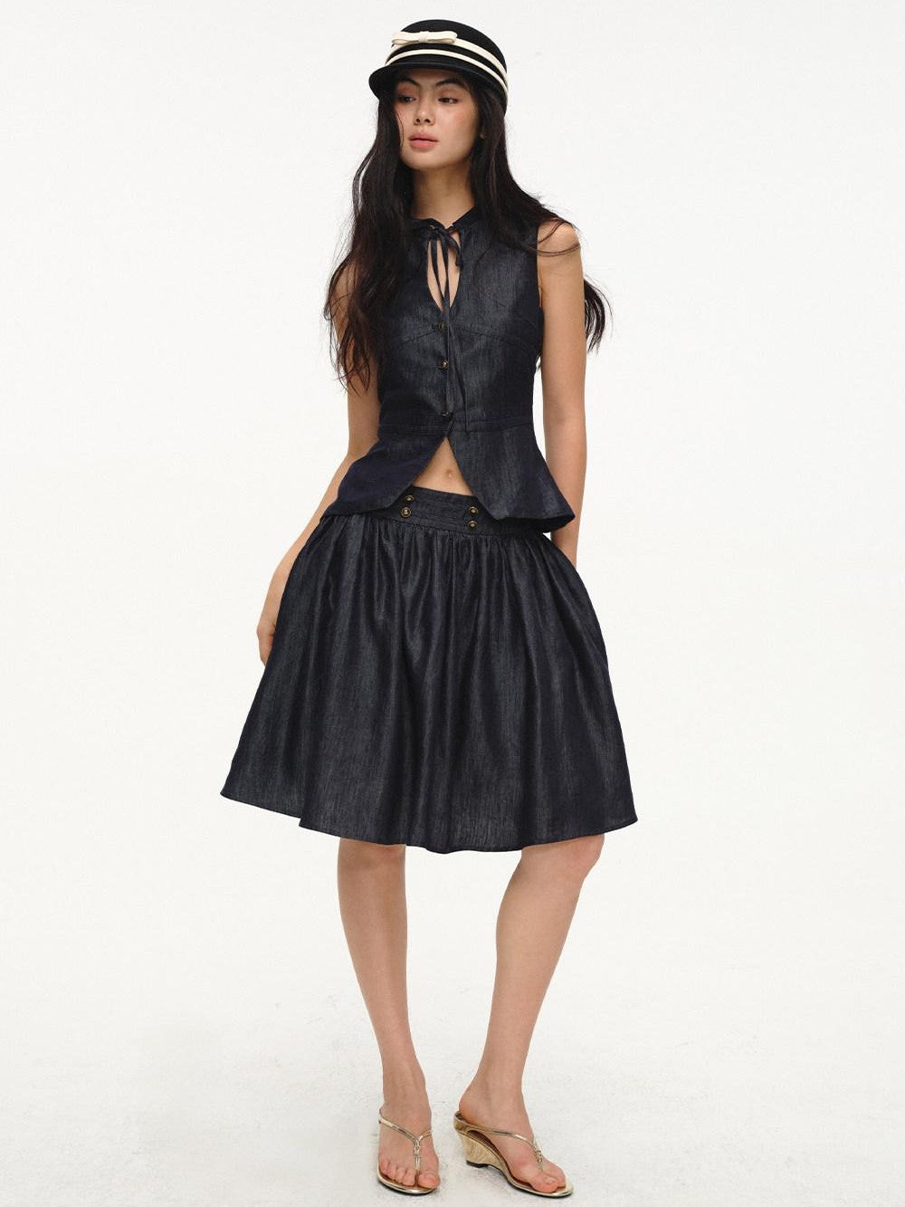 lvetong Cinched Waist V-neck Sleeveless Vest Puff Skirt Women&