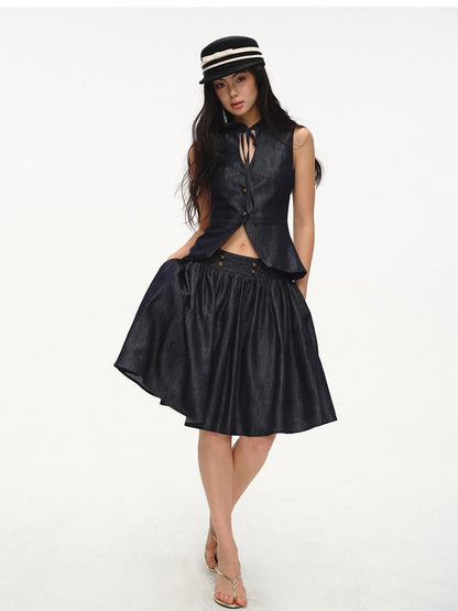 lvetong Cinched Waist V-neck Sleeveless Vest Puff Skirt Women&