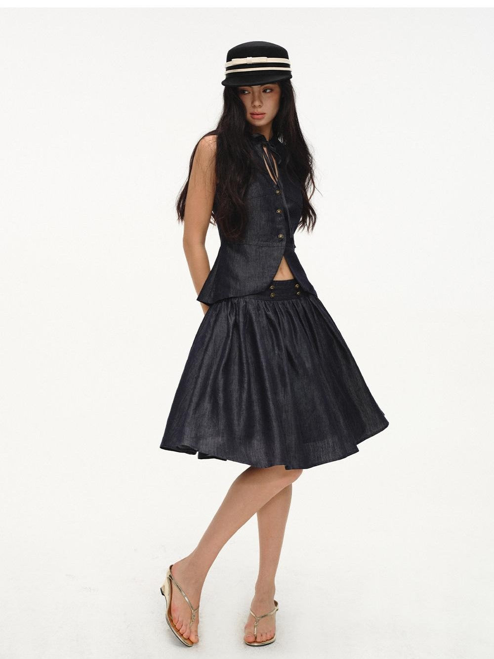 lvetong Cinched Waist V-neck Sleeveless Vest Puff Skirt Women&