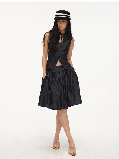 lvetong Cinched Waist V-neck Sleeveless Vest Puff Skirt Women&