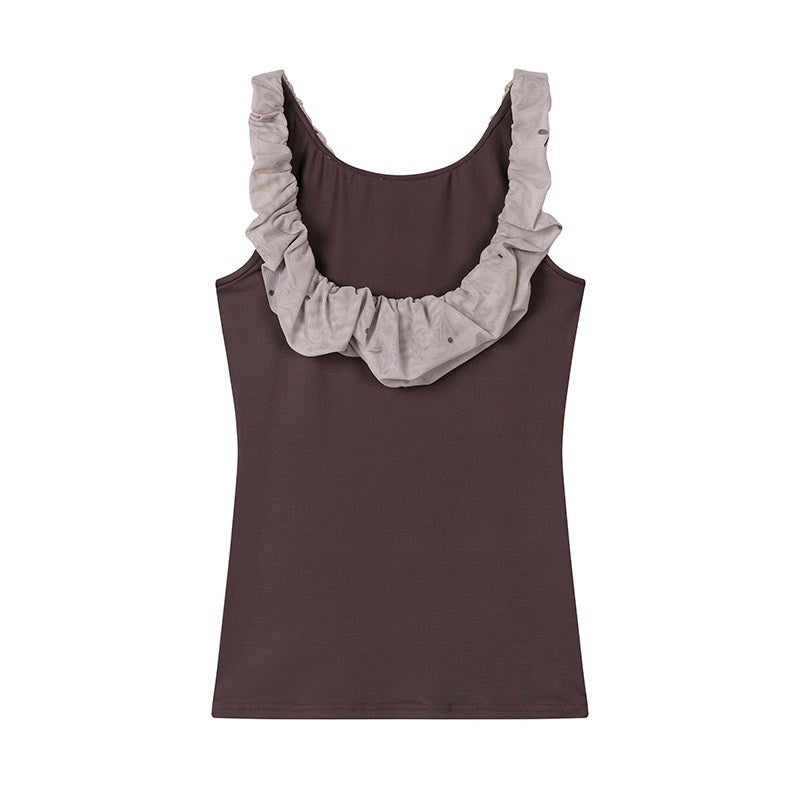 lvetong_Coffee_Ruffle_Contrast_Round_Neck_Sleeveless_Slim_Fit_Women&