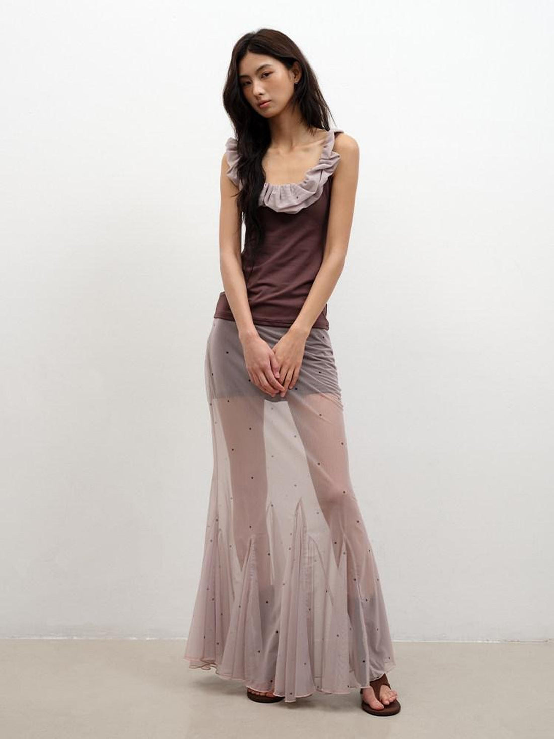 lvetong Coffee Ruffle Contrast Round Neck Sleeveless Slim Fit Women&