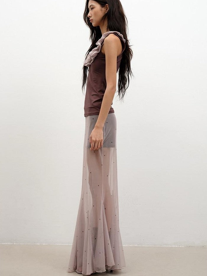 lvetong Coffee Ruffle Contrast Round Neck Sleeveless Slim Fit Women&