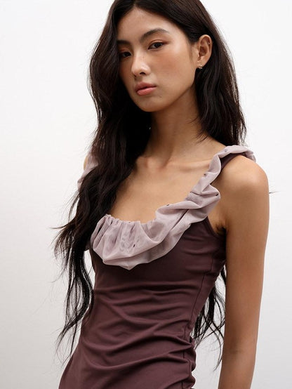 lvetong Coffee Ruffle Contrast Round Neck Sleeveless Slim Fit Women&