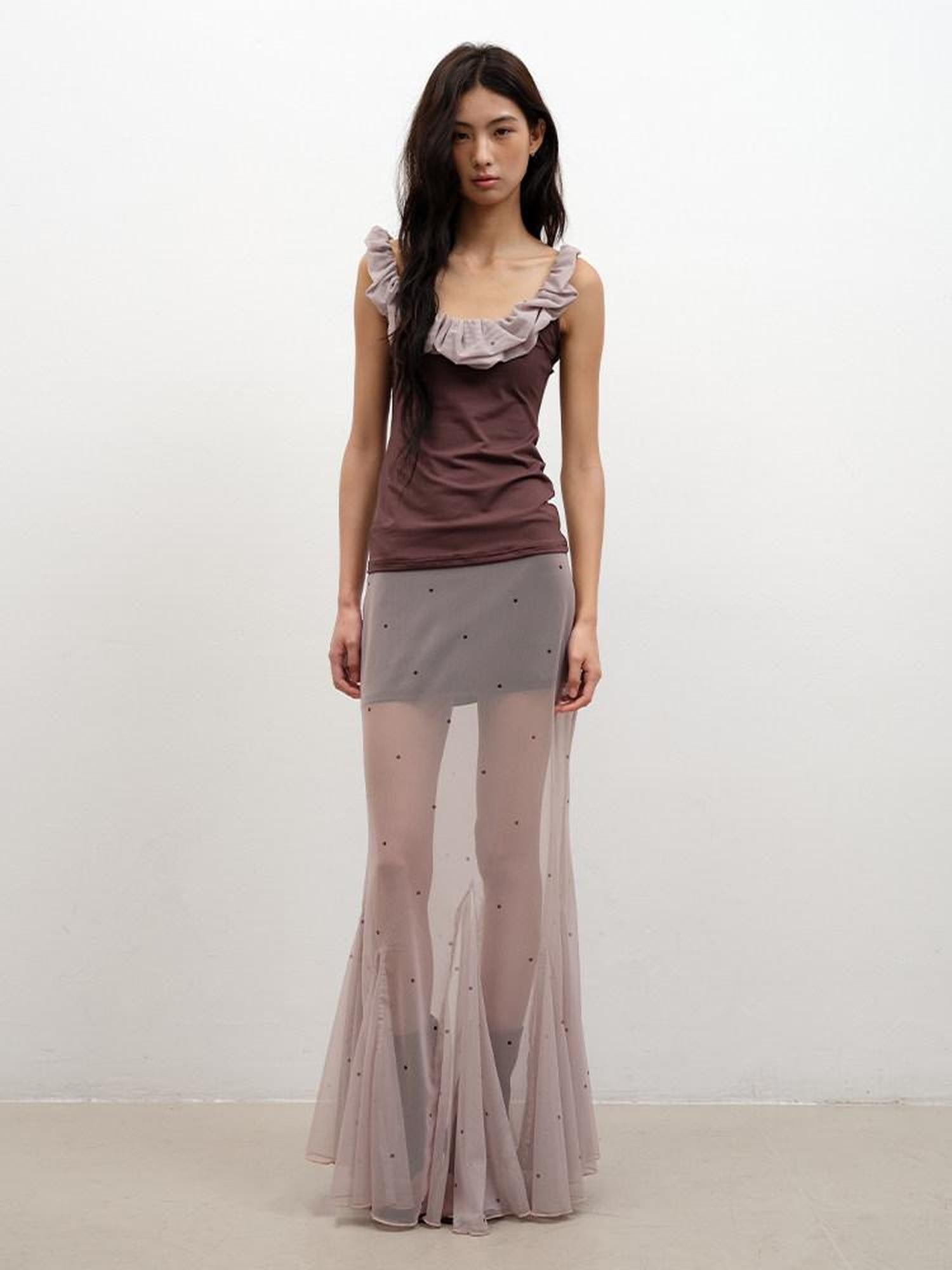 lvetong Coffee Ruffle Contrast Round Neck Sleeveless Slim Fit Women&