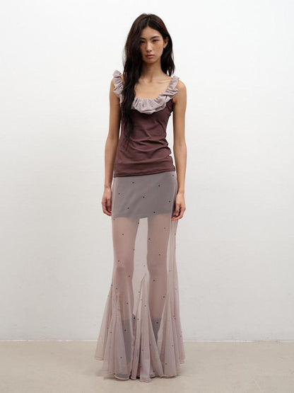 lvetong Coffee Ruffle Contrast Round Neck Sleeveless Slim Fit Women&