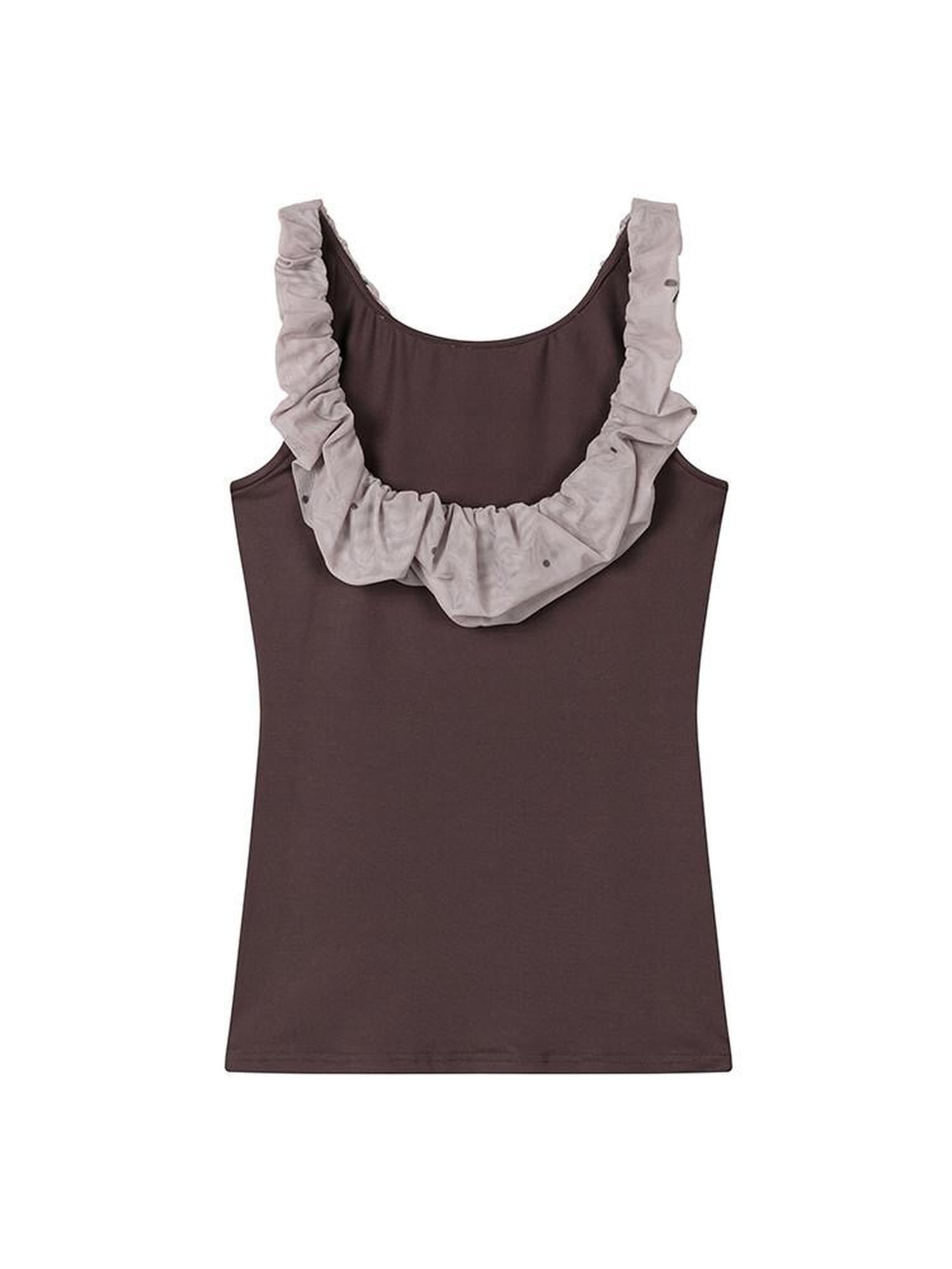 lvetong Coffee Ruffle Contrast Round Neck Sleeveless Slim Fit Women&