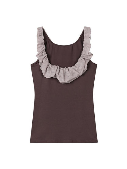 lvetong Coffee Ruffle Contrast Round Neck Sleeveless Slim Fit Women&