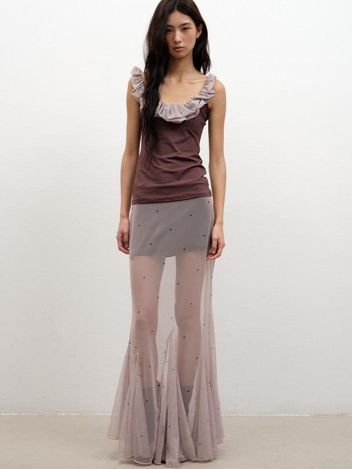 lvetong Coffee Ruffle Contrast Round Neck Sleeveless Slim Fit Women&