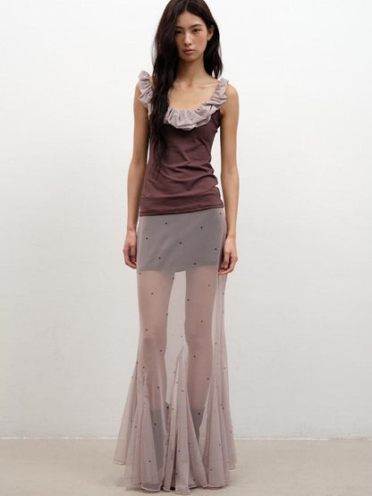 lvetong Coffee Ruffle Contrast Round Neck Sleeveless Slim Fit Women&