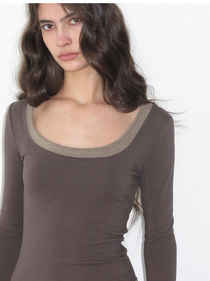 lvetong Color Block Faux Two Piece U Neck Long Sleeve Knit Women&