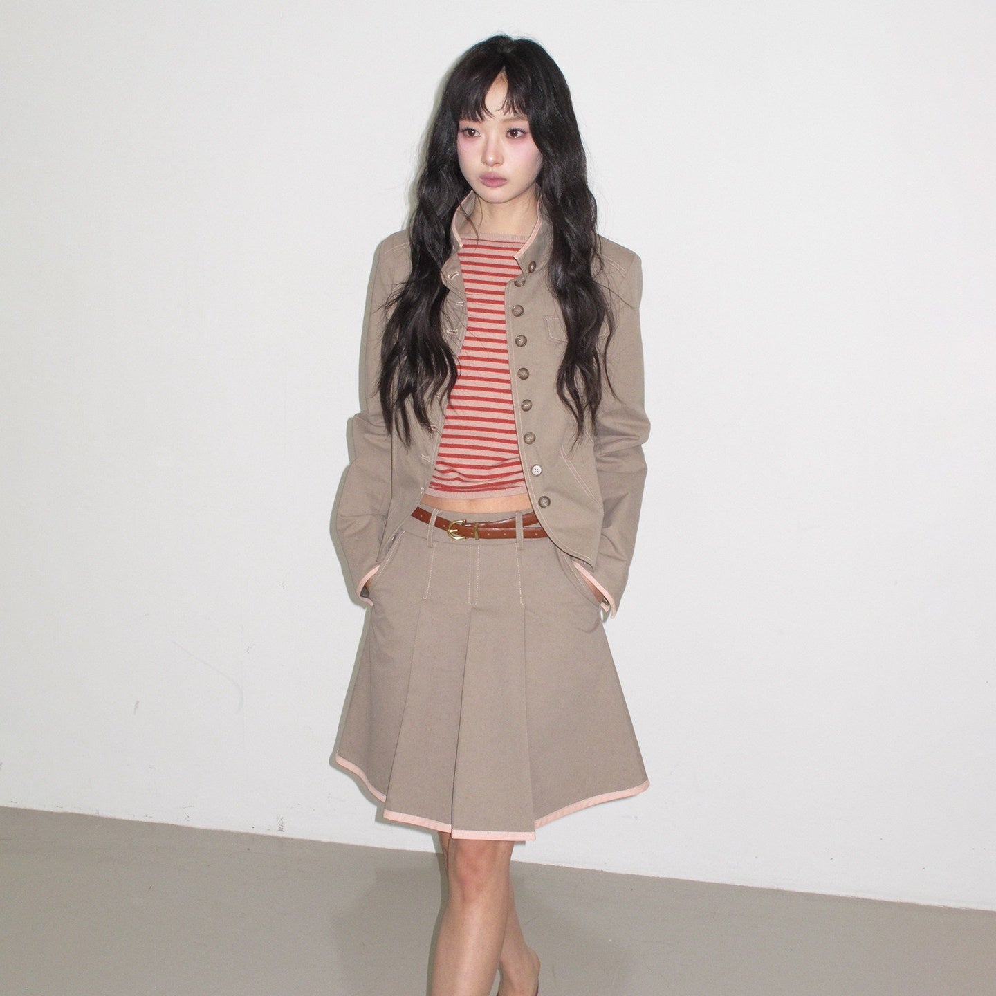 lvetong Contrast Striped Slim Street Stand Collar Button Khaki Top &amp; Skirt Sets
